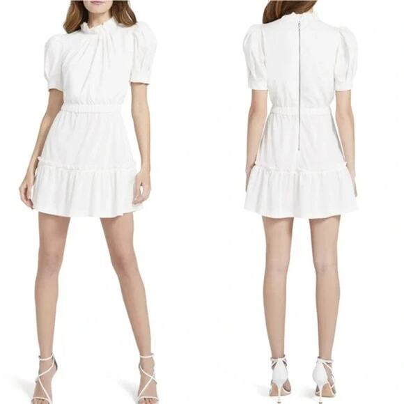 ALICE + OLIVIA Vida Puff Sleeve Mini Dress White Size 8 High Neck Elegant Classy - Picture 1 of 8
